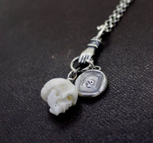 Load image into Gallery viewer, Skull necklace, sterling silver memento Mori necklace, antique wax seal jewelry, with bone skull charm.  Spooky and gothic necklace.