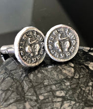 Load image into Gallery viewer, Silver love token cufflinks.  Medieval antique wax letter seal. wedding gift for groomsman or romantic gift