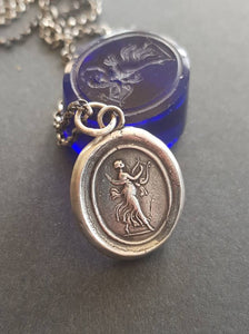 Goddess pendant. Antique wax letter seal jewelry . Sterling  Silver Greek muse pendant. Greek goddess of music, poetry and dance