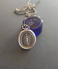 Load image into Gallery viewer, Goddess pendant. Antique wax letter seal jewelry . Sterling  Silver Greek muse pendant. Greek goddess of music, poetry and dance