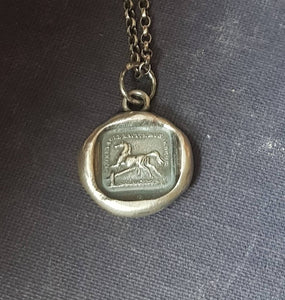 horse pendant, Obstacles excite me  - antique wax letter.  Antique wax seal jewelry.  Bolting horse, I rise to each occasion,
