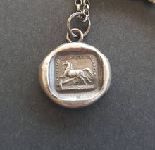 Load image into Gallery viewer, horse pendant, Obstacles excite me  - antique wax letter.  Antique wax seal jewelry.  Bolting horse, I rise to each occasion,