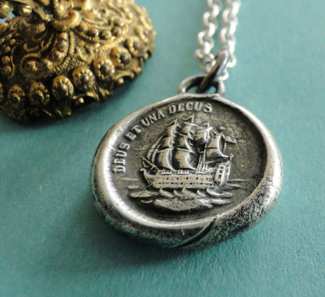 One God and Glory, Antique wax seal pendant, sterling silver amulet, ship, ocean, sea, God, Religious jewelry,  meaningful, talisman.