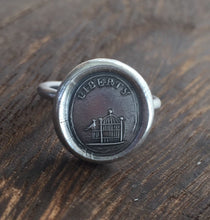 Load image into Gallery viewer, Liberty Ring.  Antique wax letter seal ring, sterling silver ring, bird ring birdcage ring. Freedom ring, liberty ring