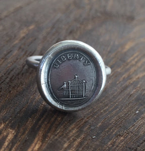 Liberty Ring.  Antique wax letter seal ring, sterling silver ring, bird ring birdcage ring. Freedom ring, liberty ring