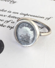 Load image into Gallery viewer, Liberty Ring.  Antique wax letter seal ring, sterling silver ring, bird ring birdcage ring. Freedom ring, liberty ring