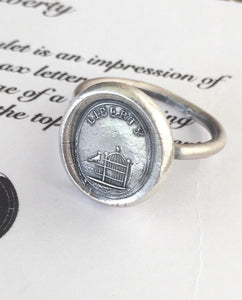 Liberty Ring.  Antique wax letter seal ring, sterling silver ring, bird ring birdcage ring. Freedom ring, liberty ring