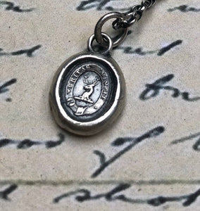 Vincit veritas, truth prevails. Antique wax letter seal pendant. Sterling silver victorian seal impression.