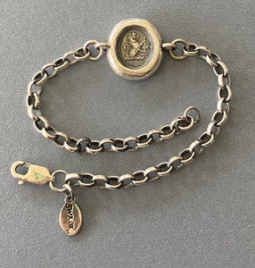 Sterling silver &#39;Valiant&#39; lion bracelet. Antique wax letter seal impression