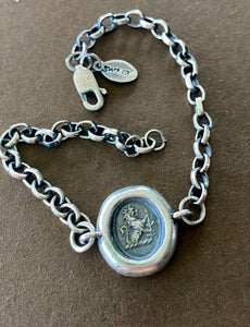 Sterling silver &#39;Valiant&#39; lion bracelet. Antique wax letter seal impression
