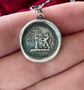 Strength and courage. Oak tree and Lion, Sterling silver heraldry pendant antique was seal impression.