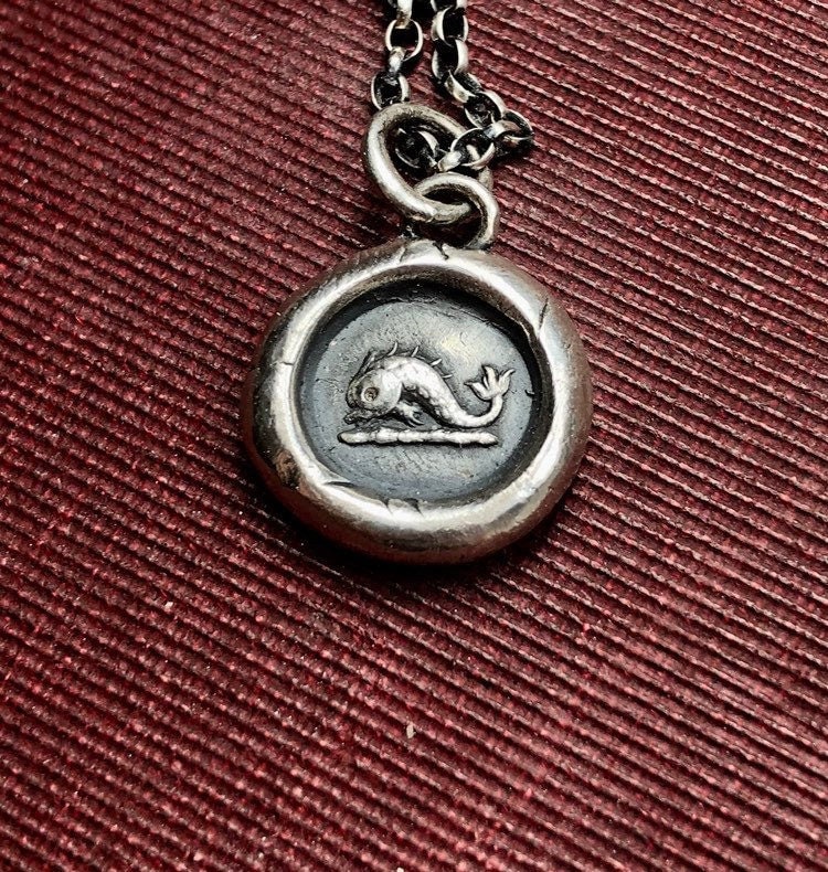 Dolphin pendant.  Antique wax letter seal pendant .  Sterling silver handmade dolphin necklace.