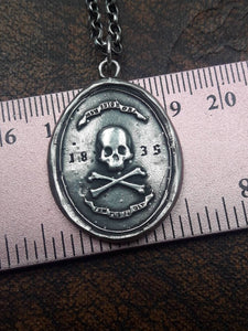 Silver skull and crossbones pendant. Antique wax seal jewelry. Memento Mori pendant.
