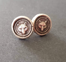 Load image into Gallery viewer, Fox earrings. Antique wax letter seal, sterling silver stud earrings. Wisdom and wit.