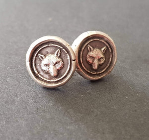 Fox earrings. Antique wax letter seal, sterling silver stud earrings. Wisdom and wit.