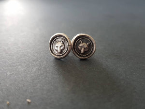Fox earrings. Antique wax letter seal, sterling silver stud earrings. Wisdom and wit.