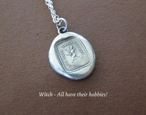 Antique wax seal Witch pendant. -  All have their hobbies.  Antique wax letter seal. victorian gothic pendant, halloween theme.