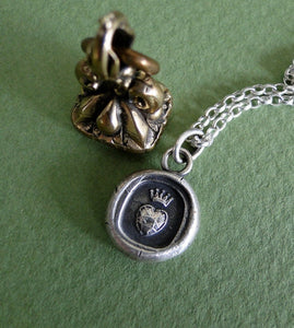 heart pendant, antique wax letter seal, crowned heart.  Perfect gift for wedding, bride or brides maid