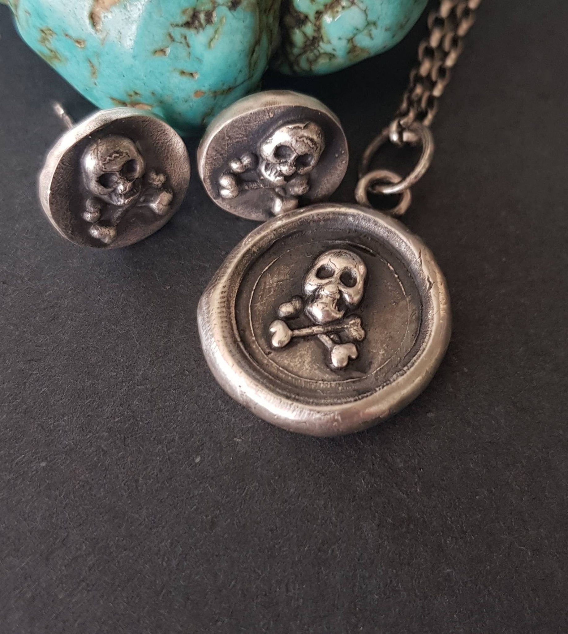 Silver skull and crossbones pendant. Antique wax seal jewelry. Memento Mori pendant
