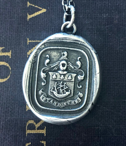 Stand Sure, English heraldry wax seal impression. Ocean themed family crest.  Sterling silver handmade pendant.