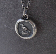 Load image into Gallery viewer, Great crow pendant, antique wax seal raven amulet. Small sterling statement jewelry. Heraldry &#39;knowledge&#39; symbolism for student or teacher.
