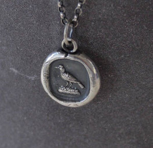 Great crow pendant, antique wax seal raven amulet. Small sterling statement jewelry. Heraldry &#39;knowledge&#39; symbolism for student or teacher.