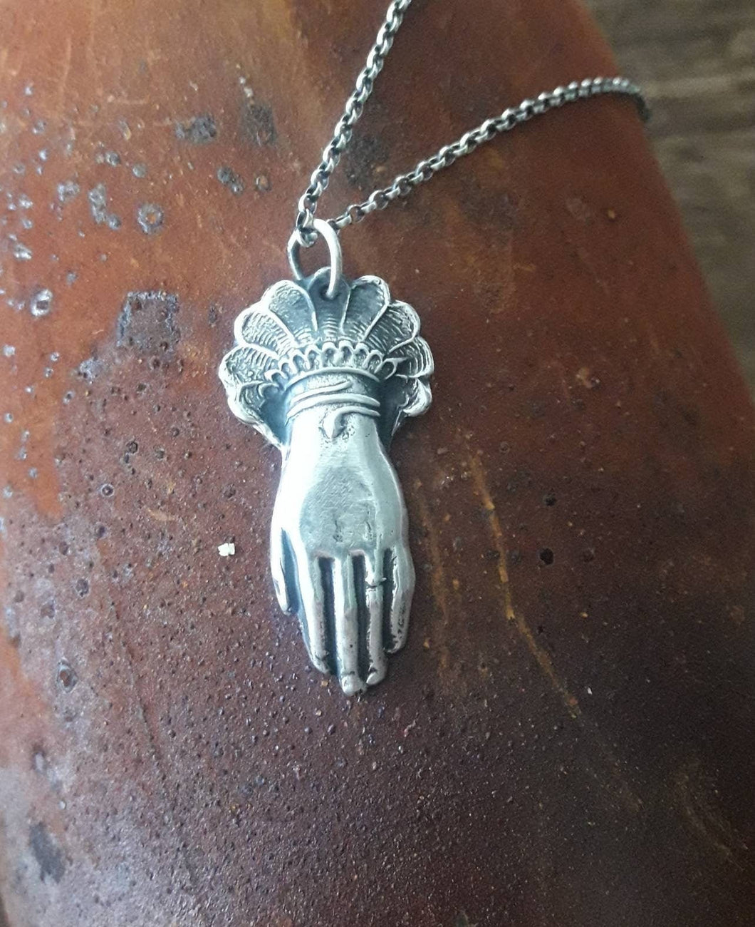 Sterling Victorian hand pendant. memento mori, mourning jewelry. antiq –