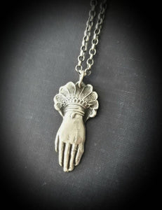 Sterling Victorian hand pendant.  memento mori, mourning jewelry. antique wax seal jewelry
