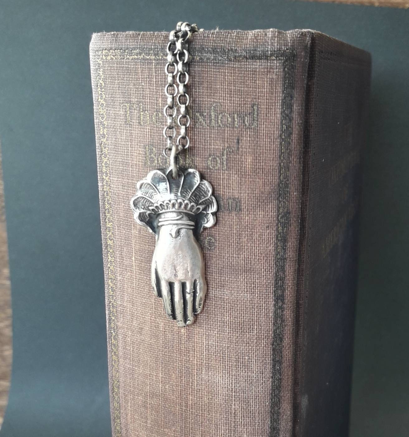 Sterling Victorian hand pendant. memento mori, mourning jewelry. antiq –