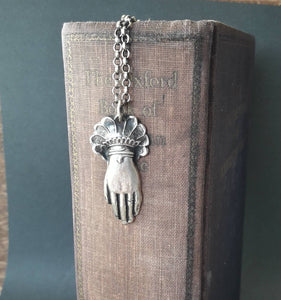 Sterling Victorian hand pendant.  memento mori, mourning jewelry. antique wax seal jewelry