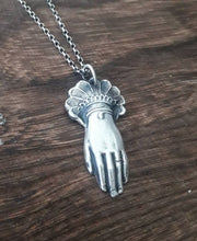 Load image into Gallery viewer, Sterling Victorian hand pendant.  memento mori, mourning jewelry. antique wax seal jewelry