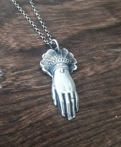 Sterling Victorian hand pendant.  memento mori, mourning jewelry. antique wax seal jewelry
