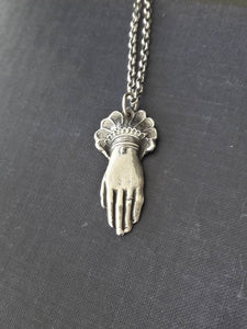 Sterling Victorian hand pendant.  memento mori, mourning jewelry. antique wax seal jewelry