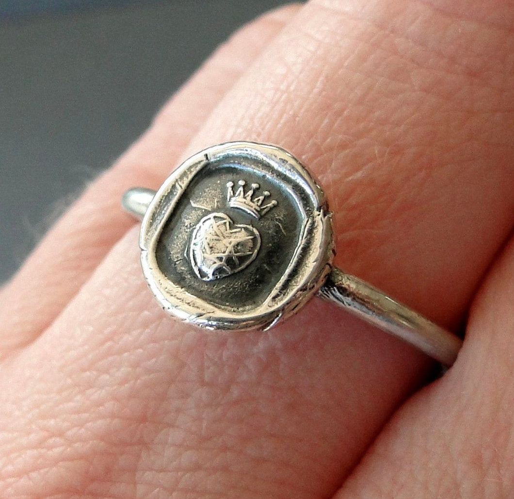 Crowned heart ring, pure love,  wax seal jewelry, sterling silver, amulet