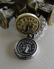 Load image into Gallery viewer, God Gives Us Plenty..... antique wax seal. cornucopia, horn of plenty, wax seal impression, sterling silver gratitude pendant.