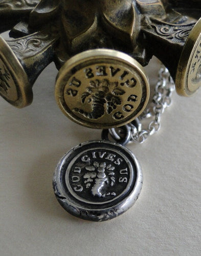 God Gives Us Plenty..... antique wax seal. cornucopia, horn of plenty, wax seal impression, sterling silver gratitude pendant.
