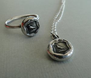 Crow pendant, knowledge, raven wax seal jewelry, sterling necklace silver pendant