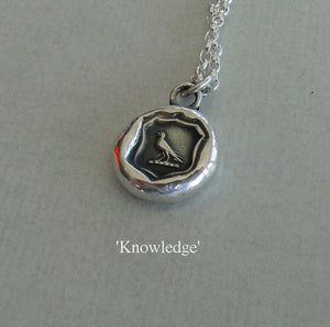 Crow pendant, knowledge, raven wax seal jewelry, sterling necklace silver pendant