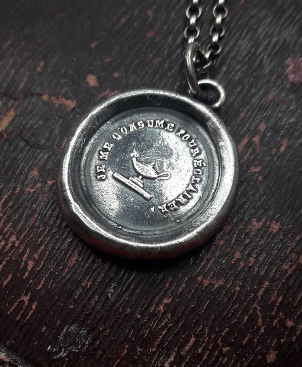Antique Oil lamp pendant.I give my all.  Antique wax letter seal. Sterling French pendant necklace