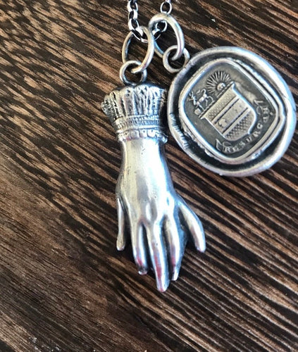 Sterling memento mori, victorian hand pendant. Solid sterling silver mourning pendant.