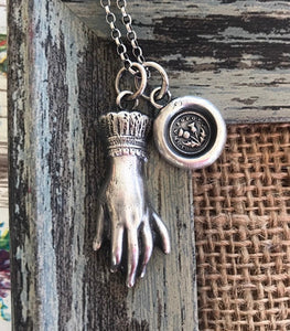 Sterling memento mori, victorian hand pendant. Solid sterling silver mourning pendant.