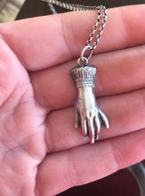 Load image into Gallery viewer, Sterling memento mori, victorian hand pendant. Solid sterling silver mourning pendant.
