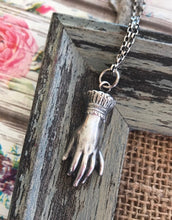 Load image into Gallery viewer, Sterling memento mori, victorian hand pendant. Solid sterling silver mourning pendant.
