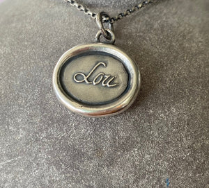 Lou, antique wax letter seal impression.  Sterling silver ‘Lou’ necklace. Louise, Lucy, Luna, Eloise, Lucia, Tallulah, Lucinda.