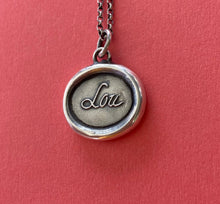 Load image into Gallery viewer, Lou, antique wax letter seal impression.  Sterling silver ‘Lou’ necklace. Louise, Lucy, Luna, Eloise, Lucia, Tallulah, Lucinda.