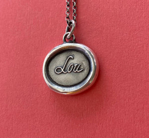 Lou, antique wax letter seal impression.  Sterling silver ‘Lou’ necklace. Louise, Lucy, Luna, Eloise, Lucia, Tallulah, Lucinda.