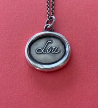 Load image into Gallery viewer, Lou, antique wax letter seal impression.  Sterling silver ‘Lou’ necklace. Louise, Lucy, Luna, Eloise, Lucia, Tallulah, Lucinda.