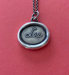 Lou, antique wax letter seal impression.  Sterling silver ‘Lou’ necklace. Louise, Lucy, Luna, Eloise, Lucia, Tallulah, Lucinda.