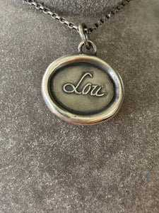 Lou, antique wax letter seal impression.  Sterling silver ‘Lou’ necklace. Louise, Lucy, Luna, Eloise, Lucia, Tallulah, Lucinda.