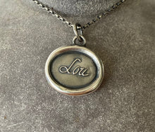 Load image into Gallery viewer, Lou, antique wax letter seal impression.  Sterling silver ‘Lou’ necklace. Louise, Lucy, Luna, Eloise, Lucia, Tallulah, Lucinda.